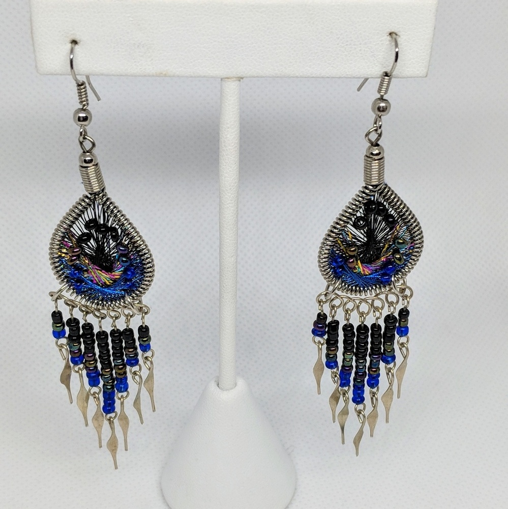 Boho Dangle Earrings Blue, Purple, & Silver tone